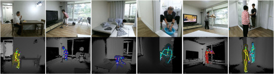 ETRI 연구진이 개발한 기술을 적용해 로봇이 얻은 영상 이미지와 이를 통해 도출해 낸 관절 단위 움직임 분석 모습.  ETRI 제공